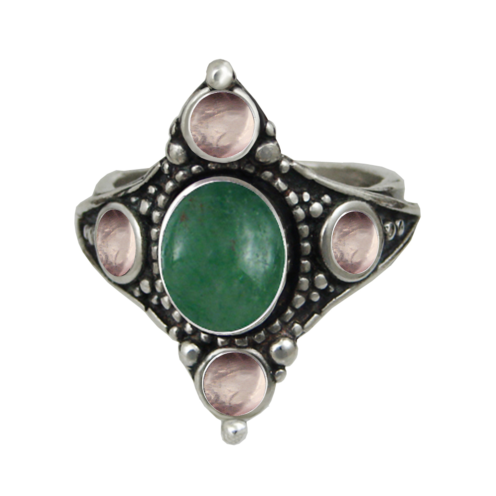 Sterling Silver Renaissance Queen's Ring With Jade And Rose Quartz Size 9